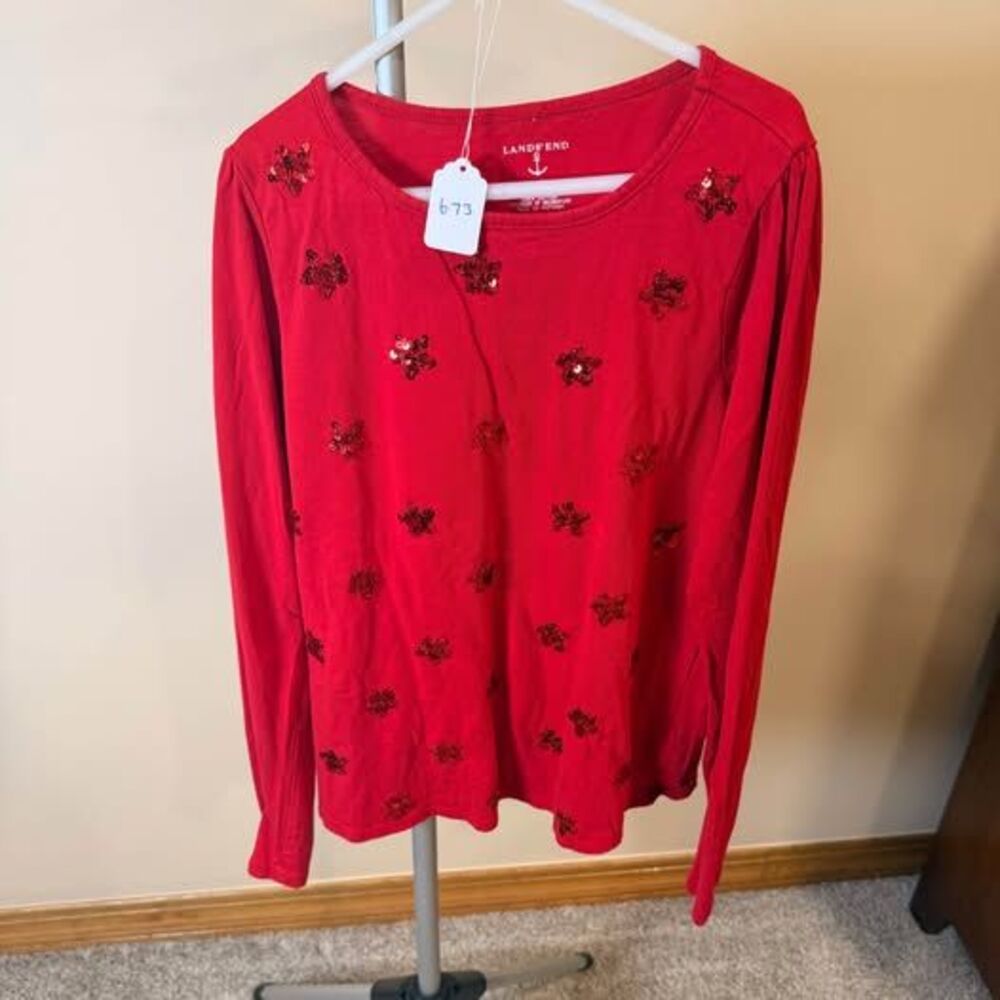 Lands' End Red Sequin Star Long Sleeve Shirt Size M